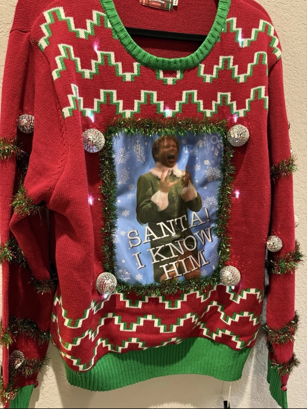 Spencers Red & Green Holiday Sweater - 'Santa I Know Him' Graphic lights up XL